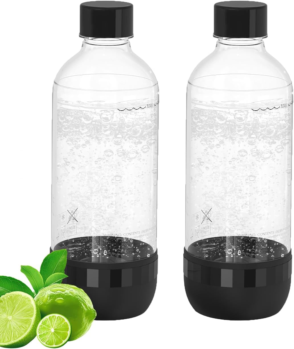 Soda Maker Bottle, 1 Litre Reusable BPA Free Sparkling Water Bottles, Reusable Carbonating Bottles, Replacement Bottle for Soda Machine, 2 Pack, Black (1L) & Black (1L) Soda Maker Bottle, 1 Litre Reusable BPA Free Sparkling Water Bottles, Reusable Carbonating Bottles, Replacement Bottle for Soda Machine, 2 Pack, Black (1L) & Black (1L)