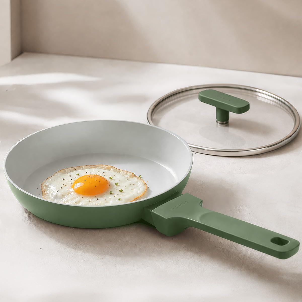 Ember Cookware Arcilla Ceramic Egg & Omelette Pan 20 cm with Glass Lid | 5-Year Warranty | 75% Less Oil Usage | Lightweight, Non-Toxic Non-Stick Ceramic Frypan | Gas Compatible | ISI Certified | Green-picture-13