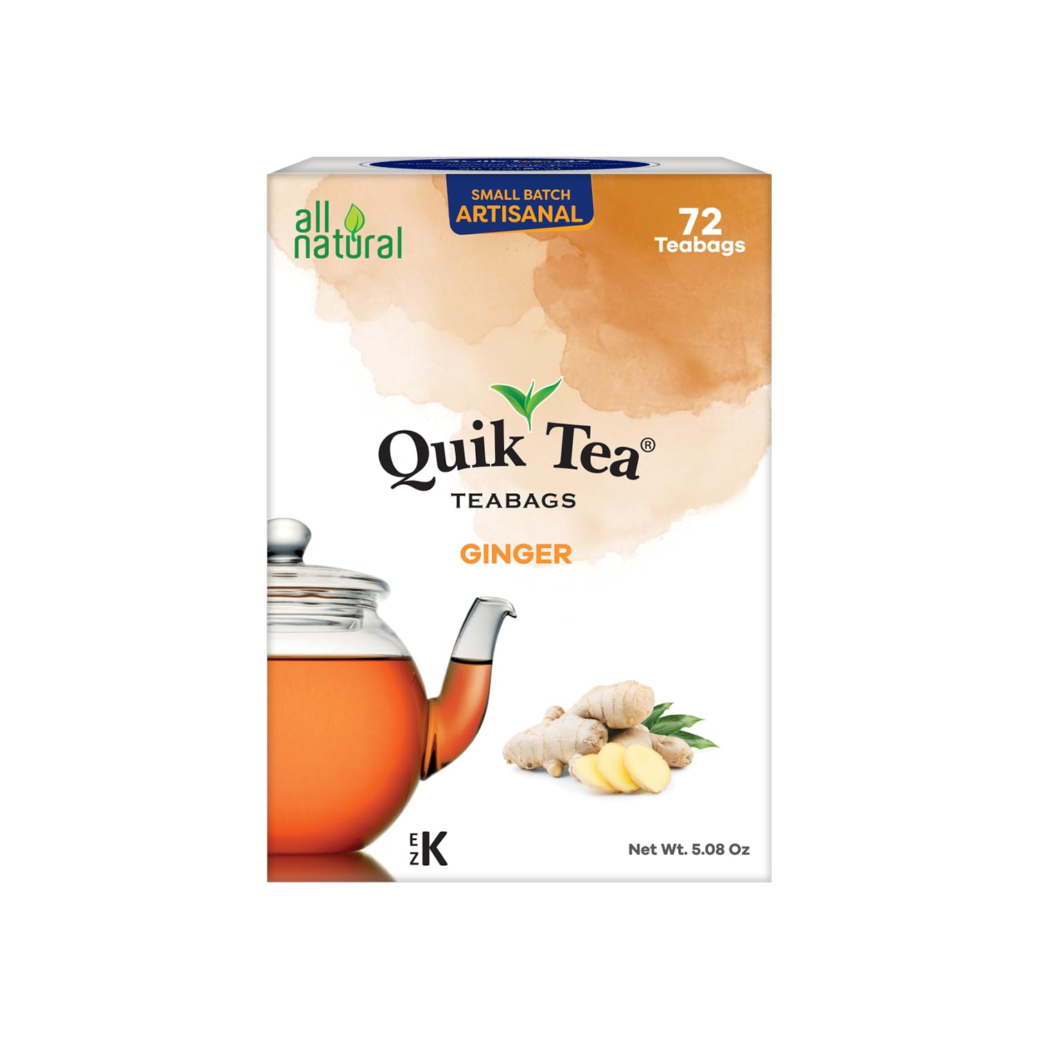 QuikTea Ginger Tea Bags - 72 Count - Assam Tea Paired with Zesty Natural Ginger Extracts -All Natural, Preservative Free - Easy To Brew, Kosher