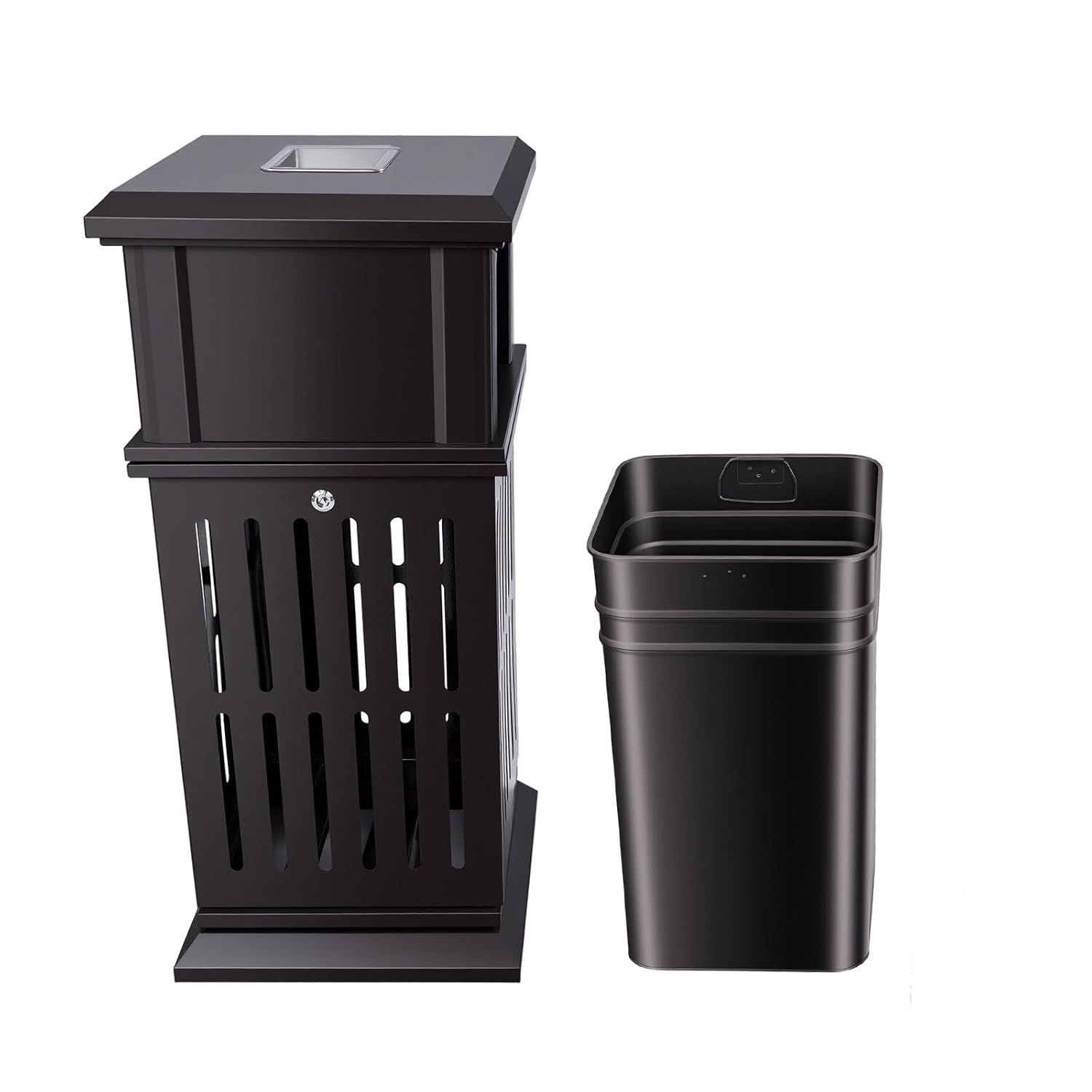 TFCFL Outdoor Trash Can, Recessed Panel Trash Can, Stainless Steel Commercial Garbage Enclosure, Industrial Yard Garage Waste Container, with Locking Lid, 8.8-Gallon Capacity (Black)