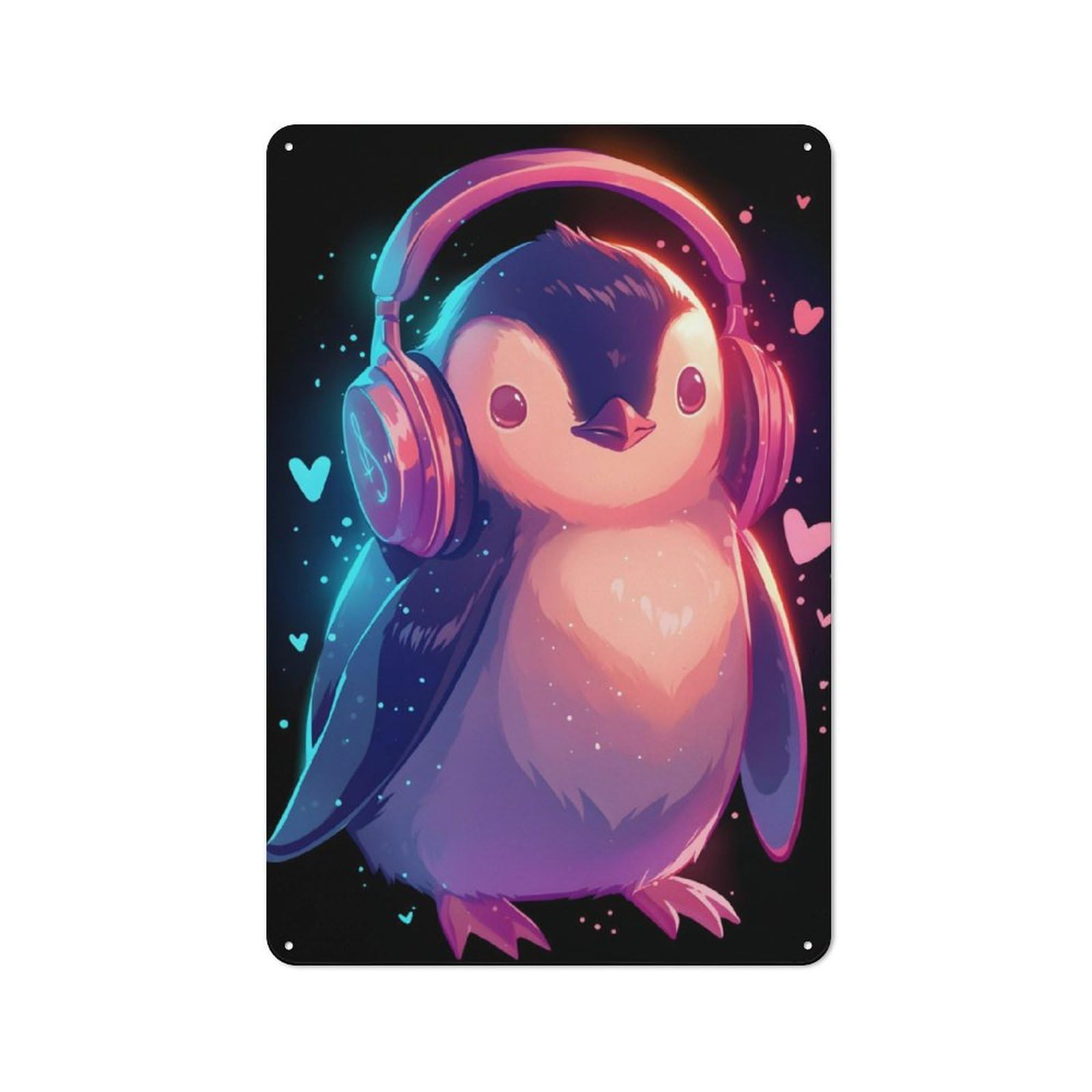 Junmoney Cute Penguin With Headphones Tin Sign 30X20cm With For Home Bar Wall, Vintage Decor, Wall Decoration For A Recently Updated Home Bar