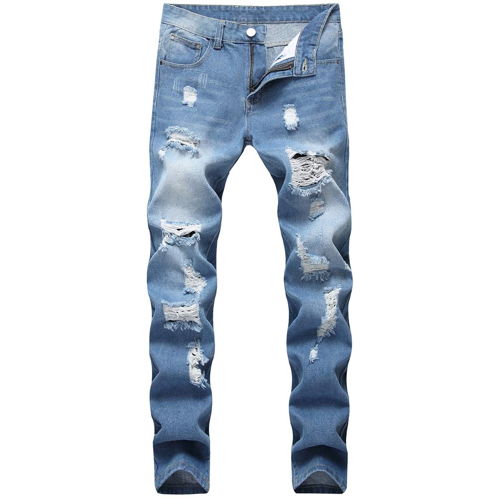 LZLER Mens Ripped Jeans,Distressed Destroyed Slim Fit Straight Leg Denim Pant with Holes, Light Blue, 32