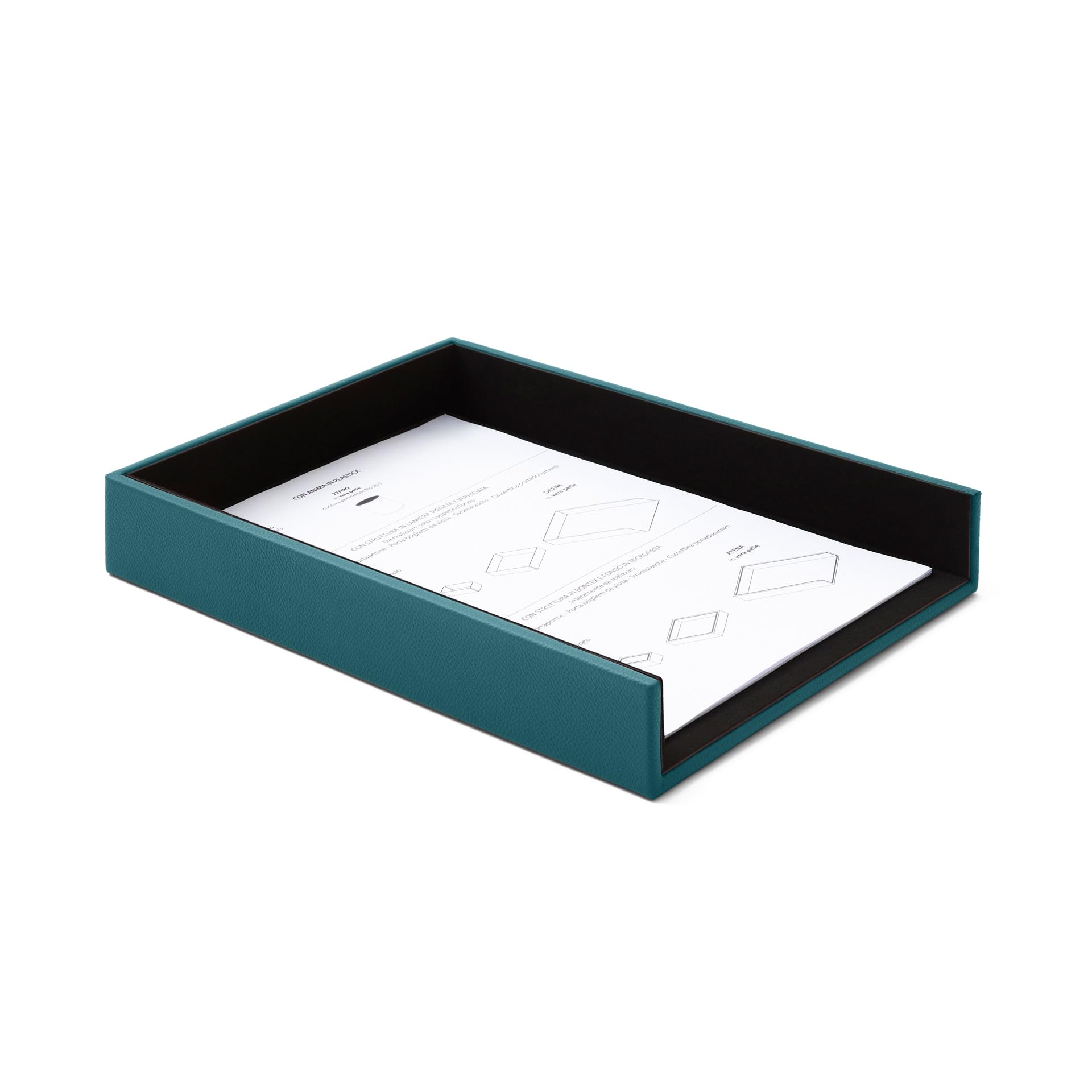 Eglooh - Atena - Porta Documenti Ufficio Scrivania in Vera Pelle Blu Petrolio - Vaschetta Portadocumenti Formato A4, Portalettere - cm 32 x 24,2 x H.5 - Interamente Made in Italy