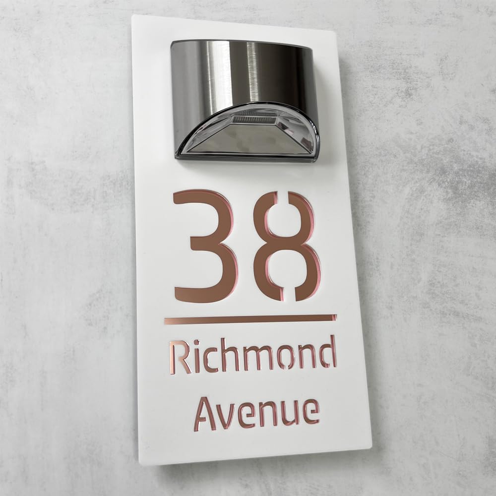 House Numbers Plaques With Solar Light House Numbers Door Signs Personalised Door Number For Wall Name Outside (White and Mirror Rose Gold)