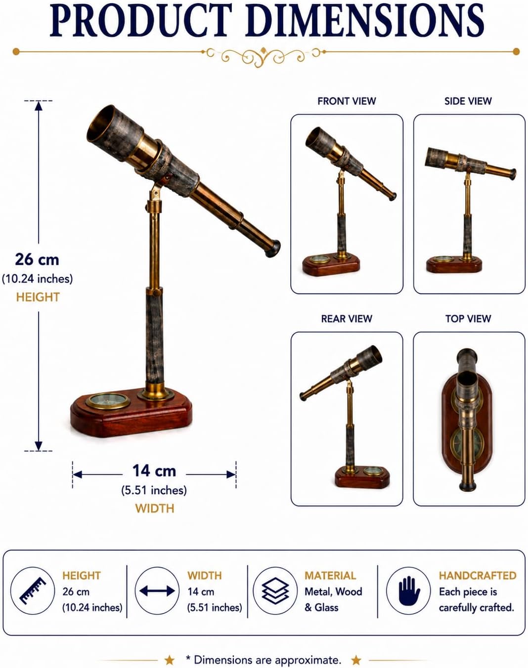 Antique Brass Telescope with Compass on Wooden Base, Detachable Handheld Spyglass, Nautical Navigation Decor, Vintage Maritime Desk Office Sculpture