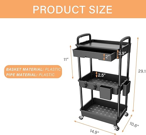 Miniatura 5 de Carrito utilitario de 4 niveles con cajón, hecho de organizador de almacenamiento multifuncional para cocina, baño, sala de estar, oficina (negro)