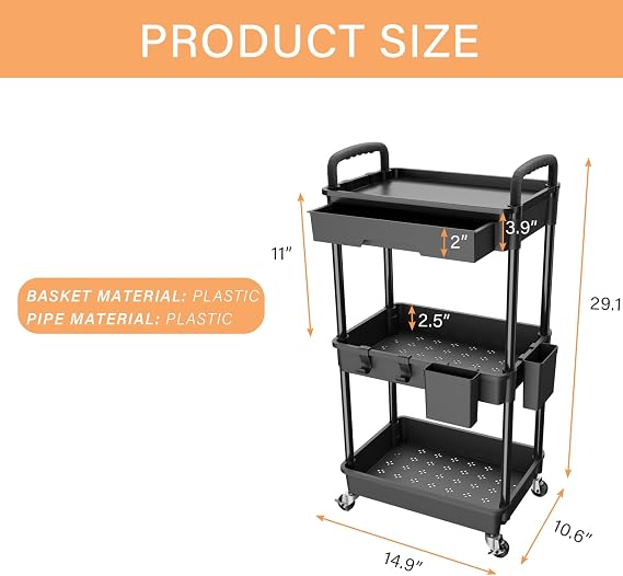 3 Tier Rolling Utility Cart with Drawer,REBECAT Utility Cart Made of Multifunctional Storage Organizer Tool for Kitchen,Bathroom,Living Room,Office(Black)