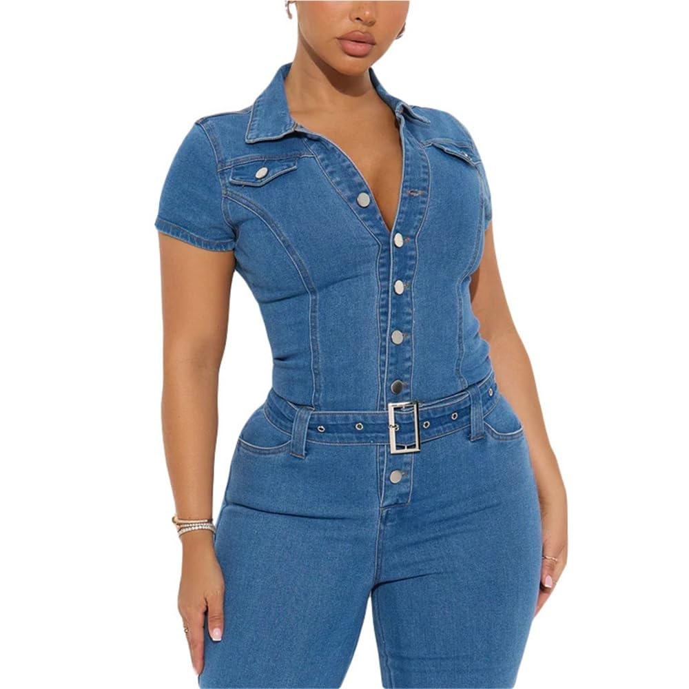Combinaisons En Jean Slim Pour Femmes Shorts À Jambes Larges Et Ceinture