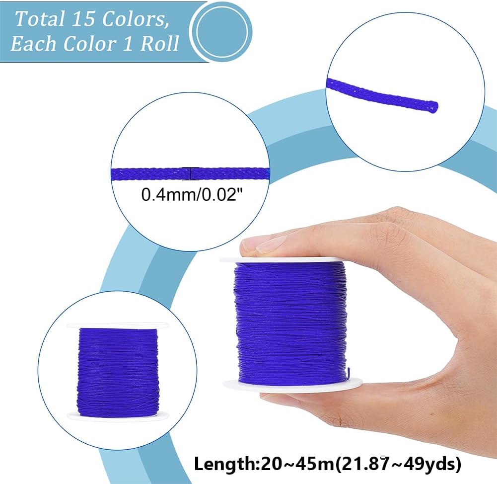 PH PandaHall 738 Yard Nylon Cord 0.4mm Bracelet String Beading Thread Chinese Knotting Cord Nylon String Macrame Thread for Necklace Bracelet Beading Tassel Kumihimo Macrame Sewing, 15 Colors - Image 3