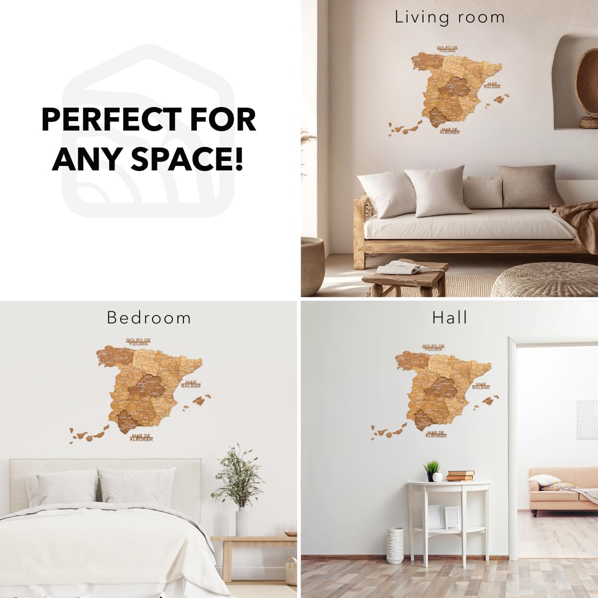 Enjoy The Wood Decoracion de Pared en 3D de Madera - Mapa España Para Marcar Viajes Hecho a Mano con Pines - Idea de Regalos para Viajeros Mapa de España (Oak, S, Sin marco)