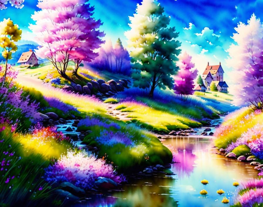 Toile murale fleurie pour salon lumineux : paysage de printemps aquarelle 50x70cm