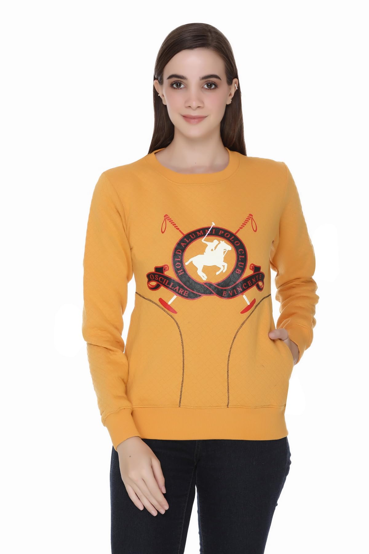 hold Women's Mustard Yellow Printed Polo Club Sweatshirt, Full Sleeve, Polycotton Fabric-picture-11