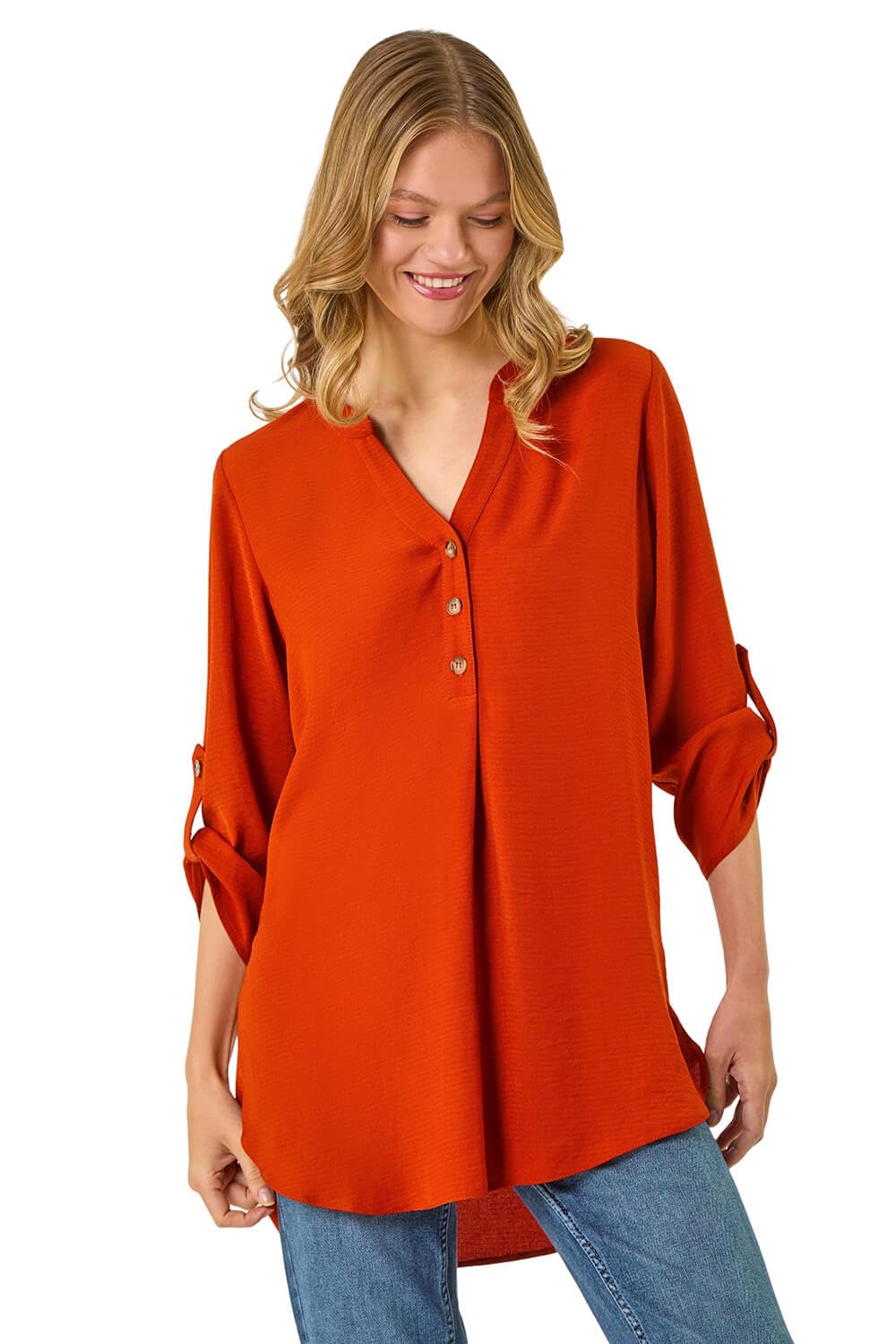 Roman Originals Women's Rust Shirt For Uk Top Collarless Blouse Stretchy Tunic Smart Casual Autumn Winter Jersey 3/4 Length Sleeve Notch V Neck Flattering Office Work - Size 10