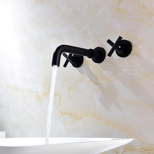 Miniatura 3 de CIENCIA Grifo para lavabo de baño, grifo de montaje en pared, color negro, latón de doble manija, grifo mezclador de lavabo, BB6083B