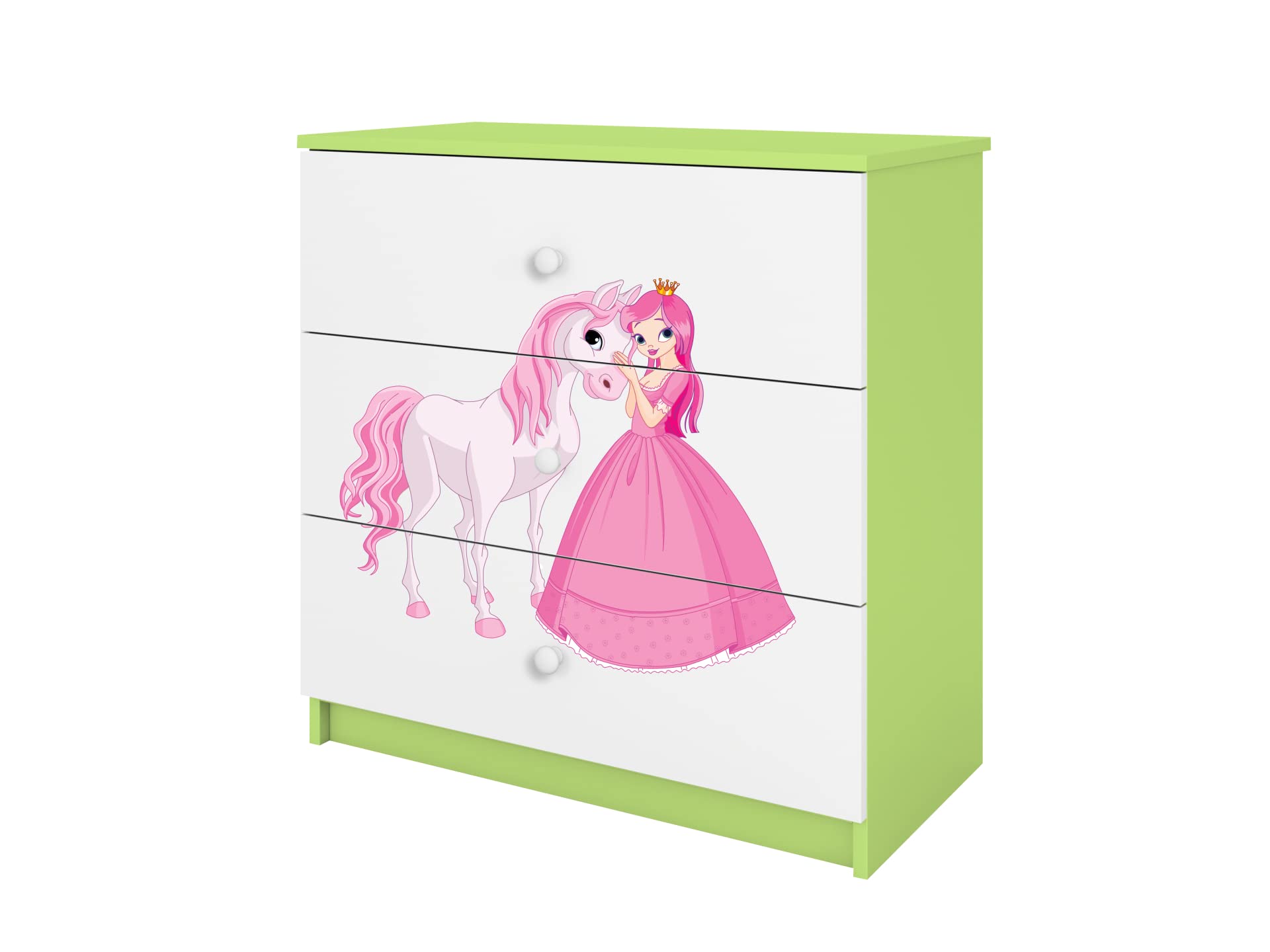 Générique Cassettiera BABYDREAM - Principessa e Cavallo - in pannelli di particelle 81x41x80,5 cm, 3 cassetti, colore verde