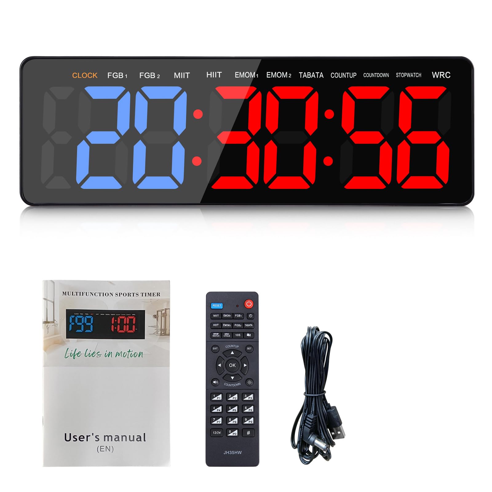 Timer Sport Minuteur Télécommande Mural Grande Ecran pour Intervalles Boxe Tabata EMOM HIIT (Bleu/Rouge)