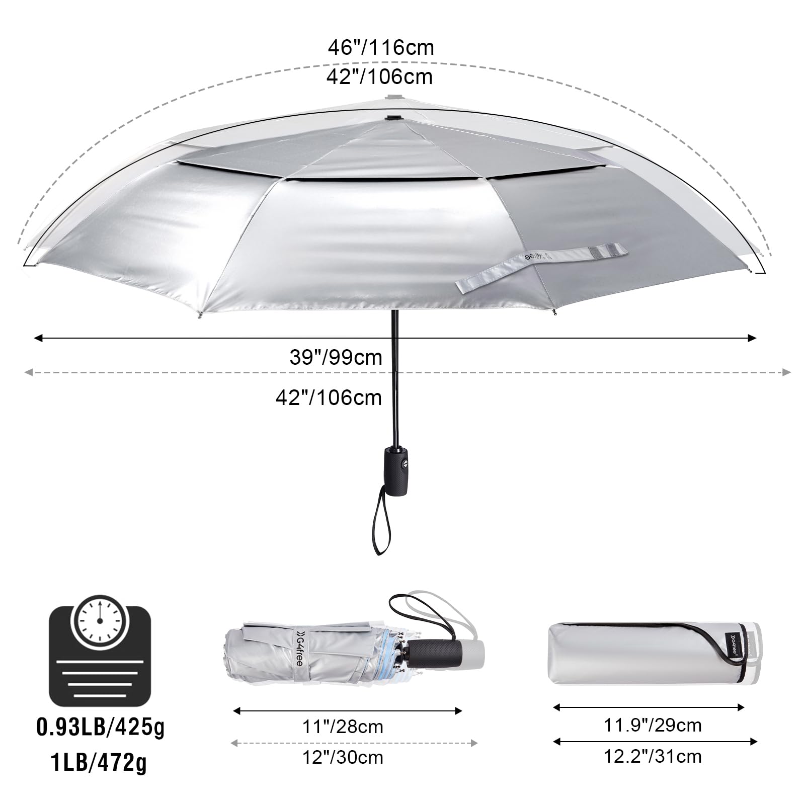 G4Free UPF 52+ Ombrellone da Viaggio con Protezione UV Ombrelli Pieghevoli Ombrello Antivento Ombrello Completamente Automatico