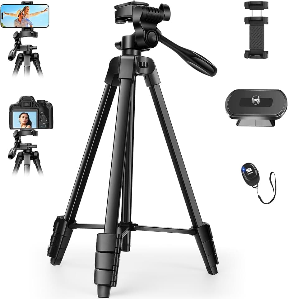 Tobeape Tripé Profissional para Câmera e Celular,Tripé Portátil de Alumínio Resistente, Suporte para Celular, Estojo de Transporte, Capacidade até 3kg para Vlogs e Filmagens, Altura Ajustável