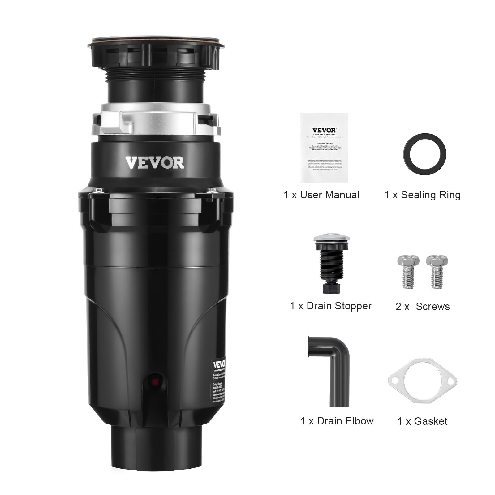 VEVOR Triturador de Basura para Fregadero de Cocina, 1/2 HP, Sistema de Eliminación de Residuos de Alimentos, 3820 RPM, con Cable de Alimentación, para el Hogar, Cocina, 150 x 150 x 335 mm, Negro