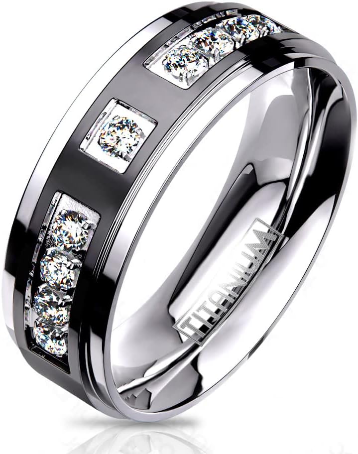Marimor Jewelry Two-Tone Black Ip Solid Titanium Center Cubic Zirconia Wedding Band Size 5-13