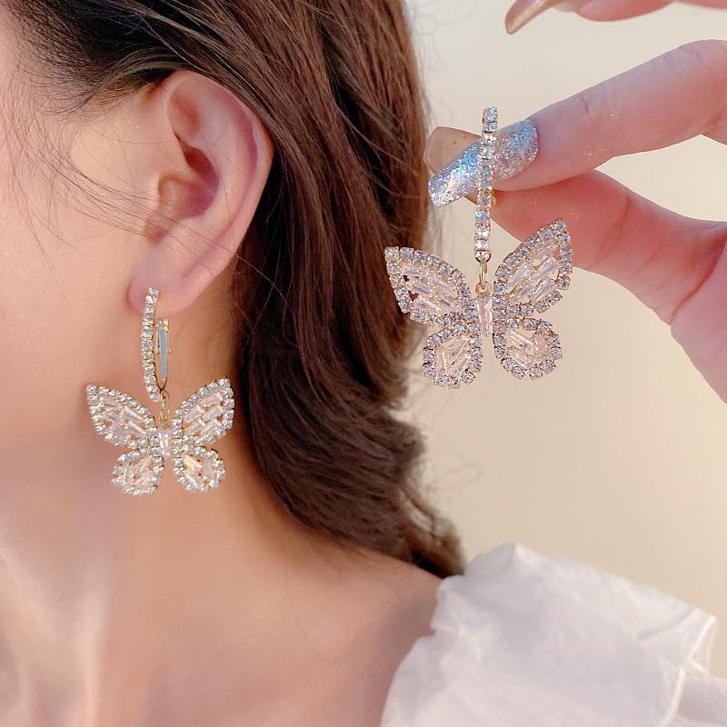 Crystal Butterfly Drop Dangle Earrings Chic Round Circle Open Earrings Tiny Cute Sparkly Rhinestone Drop Hoop Earrings Jewelry Gift for Women Girls - Image 3
