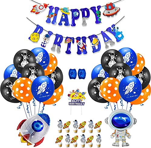 Exslend Decoration Anniversaire, Astronaute Decoration Anniversaire pour Garcon Enfant, Fusée Anniversaire Espace Decoration Bleu Ballons Happy Birthday Décoration Cover