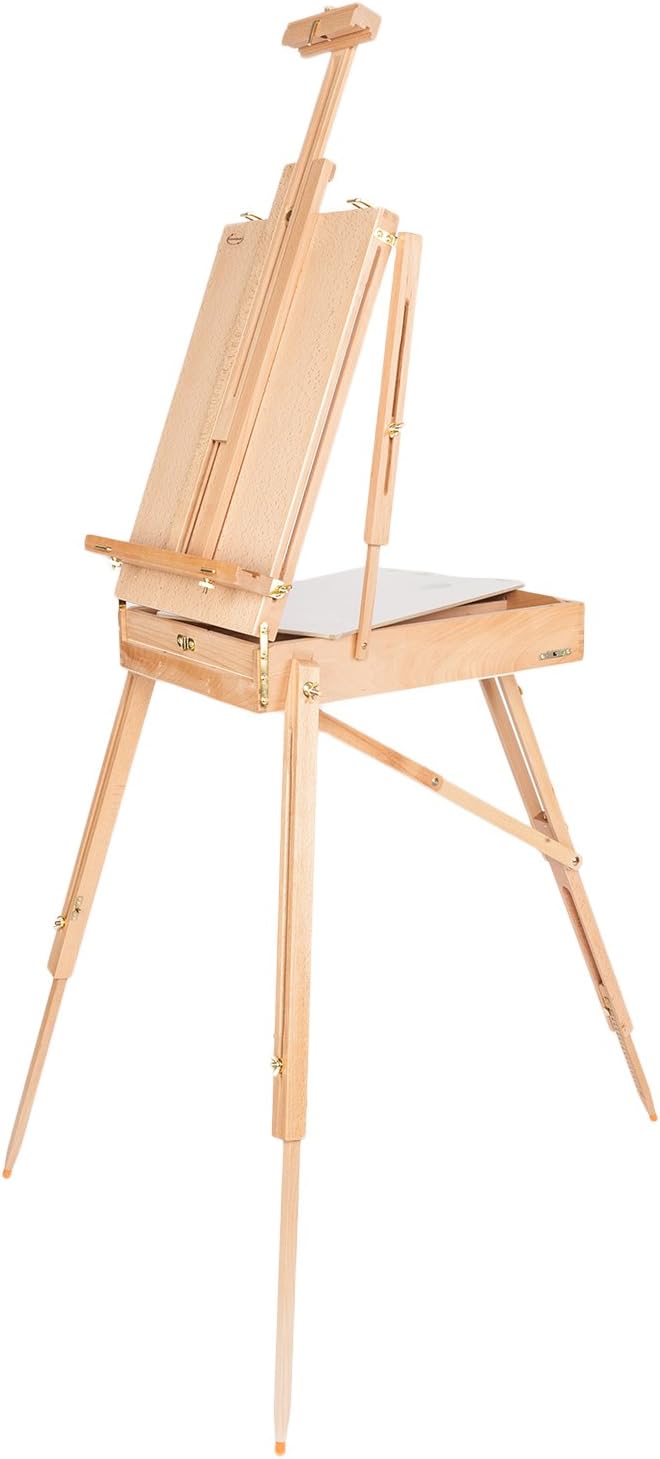 ShowMaven Upgraded French Style Easel, Tripod Stand Beech Wooden Travel Sketch Box, Easy Portable Folding with Handle for Artist Painters