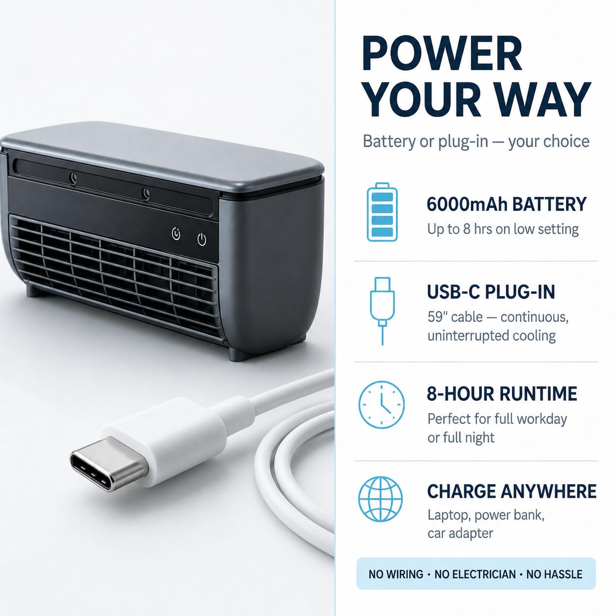Condizionatore d'aria portatile da parete, senza fori, unità di raffreddamento per camera da letto, cucina, ufficio, batteria di ricarica wireless AC per campeggio e roulotte