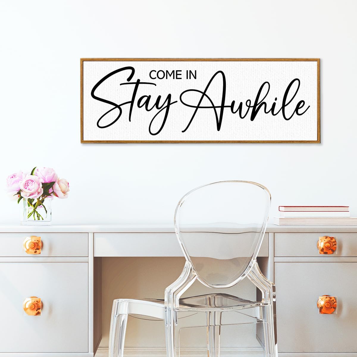 Come In Stay Awhile Sign Wall Art Rustic Farmhouse Home Canvas Framed Print for Guest Room Living Room Porch Entryway Wall Decor