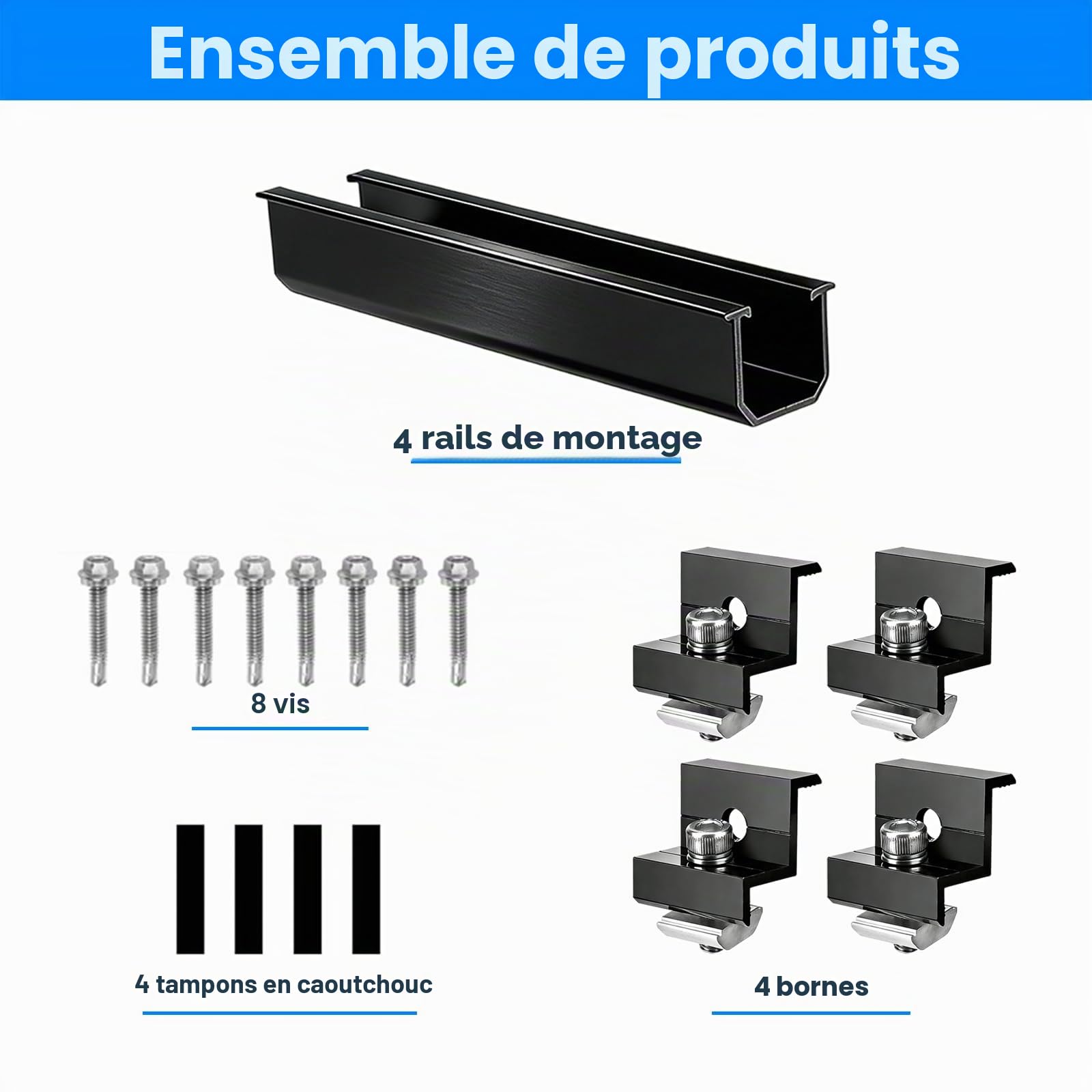 Support de Panneau Solaire pour Modules, Kit de 4 Pack Rails Aluminium 12cm avec 4 Pack Pinces Ajustables pour Modules de 30-35mm, Support pour Toit Trapézoïdal et Toit Plat (4)
