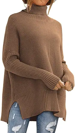 EFAN 2023 Fall Trendy Oversized Turtleneck Sweater for Women Batwing Long Sleeve Knitted Cozy Pullover Sweaters
