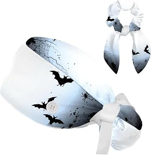 FVQL 2 Pieces Surgical Cap for Long Hair Scrub Cap with Hairband Nurse Cap, Halloween Pattern bat Animal and Moon
