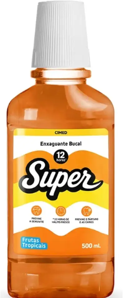Super Enxaguante Bucal 12horas 500mL Aroma Frutas Tropicais e Menta Com Fluor Cimed Halito Fresco Boca limpa Confianca Renovada