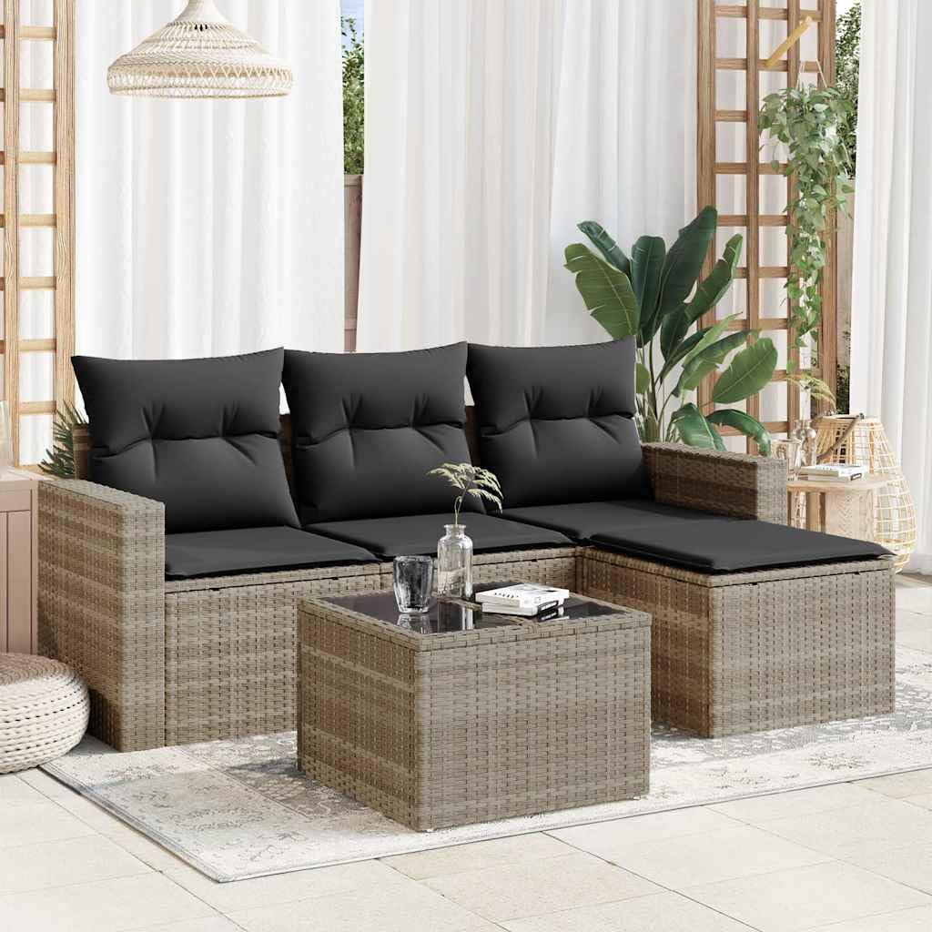 Canapé de jardin en polyrotin gris 5 pièces avec table et pouf modulaire pour terrasse