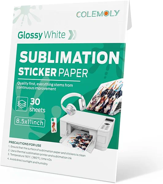 Colemoly Sublimation Sticker Paper-30 Sheets Glossy White Waterproof Stickers for Sublimation Inkjet Printer and Ink 8.5x11 Letter Heat Transfer Paper for Smooth Solid Surfaces