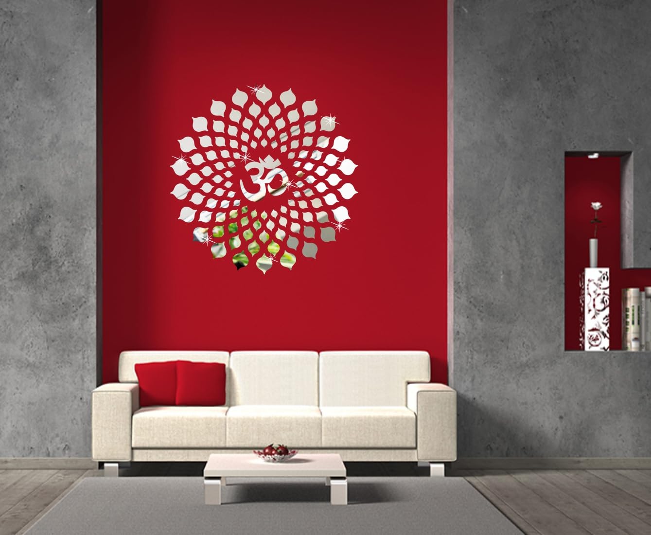 Walltech Mandala Om Silver Acrylic 3D Mirror Large Size (77Cms) Ready to Use Wall Sticker