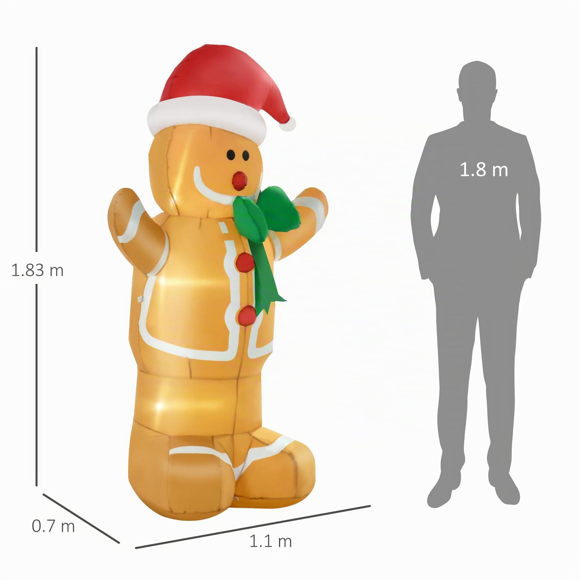 HOMCOM Omino Pan di Zenzero Gonfiabile 183cm, Luci LED Integrate