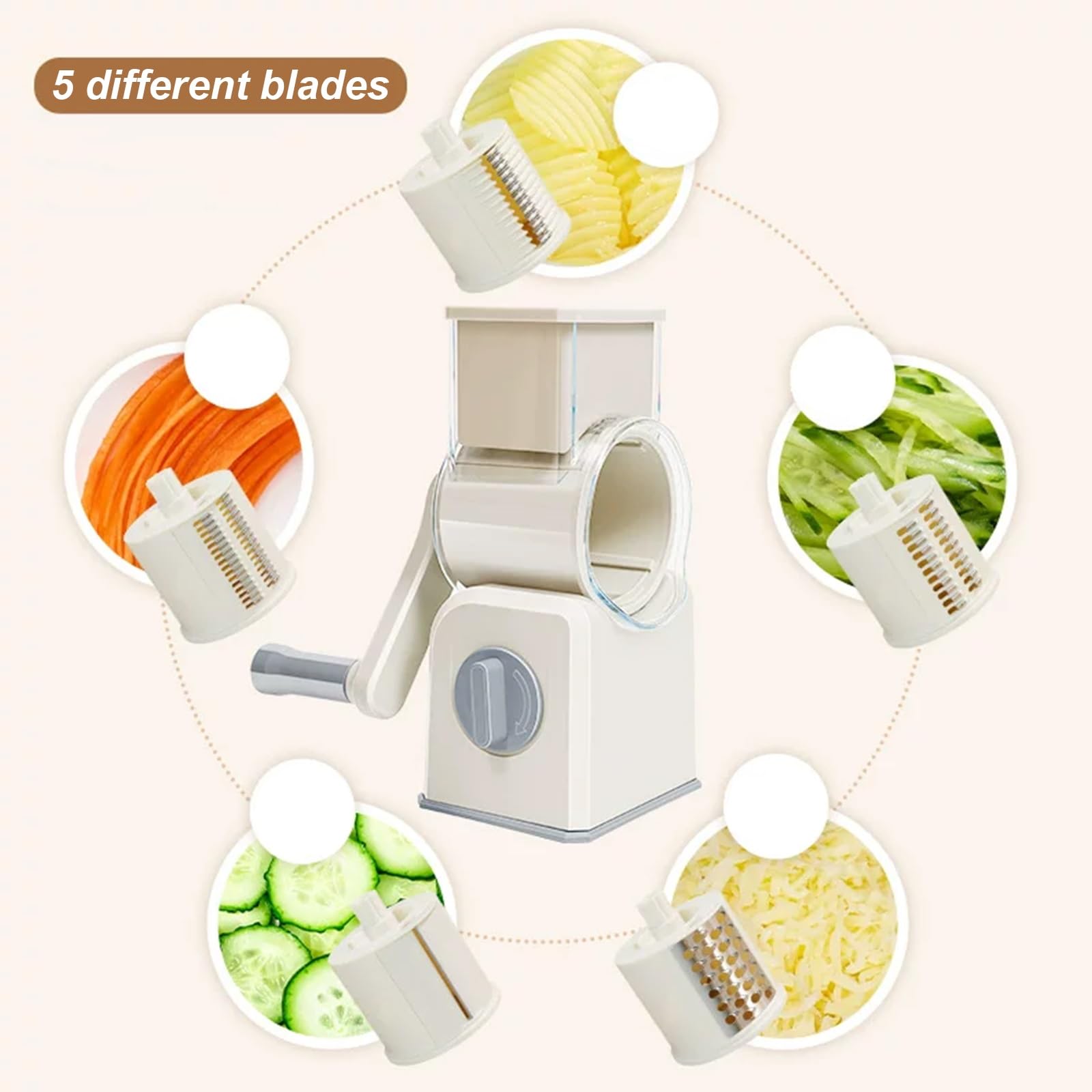 Mandolina de Cocina, Cortador Patatas y Verduras Manual, 10 Cuchillas Intercambiables, Salida Rápida de Filamento, Fácil Limpiar, Compartimento Almacenamiento Oculto