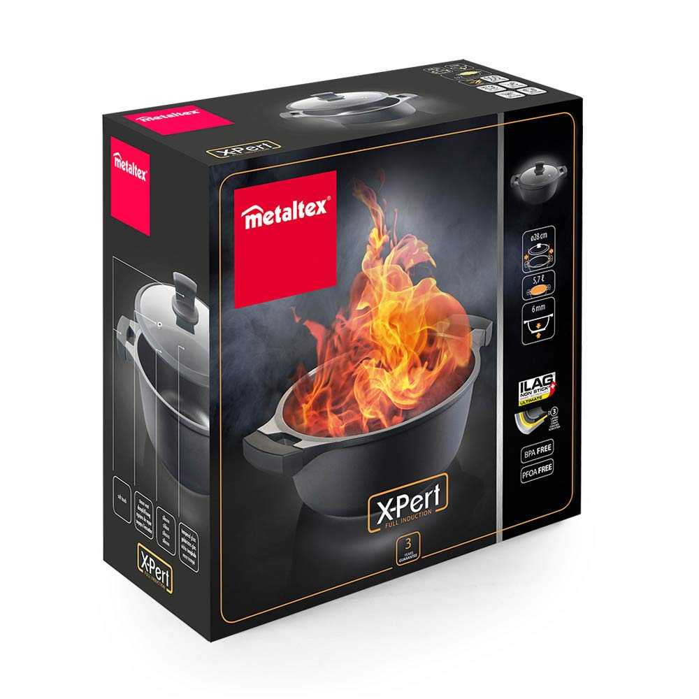 Metaltex XPERT-Cacerola Alta Aluminio Fundido, 28 cm, Antiadherente ILAG 3 Capas, Full Induction válido para Todo Tipo de cocinas, Negro, 28 CMS