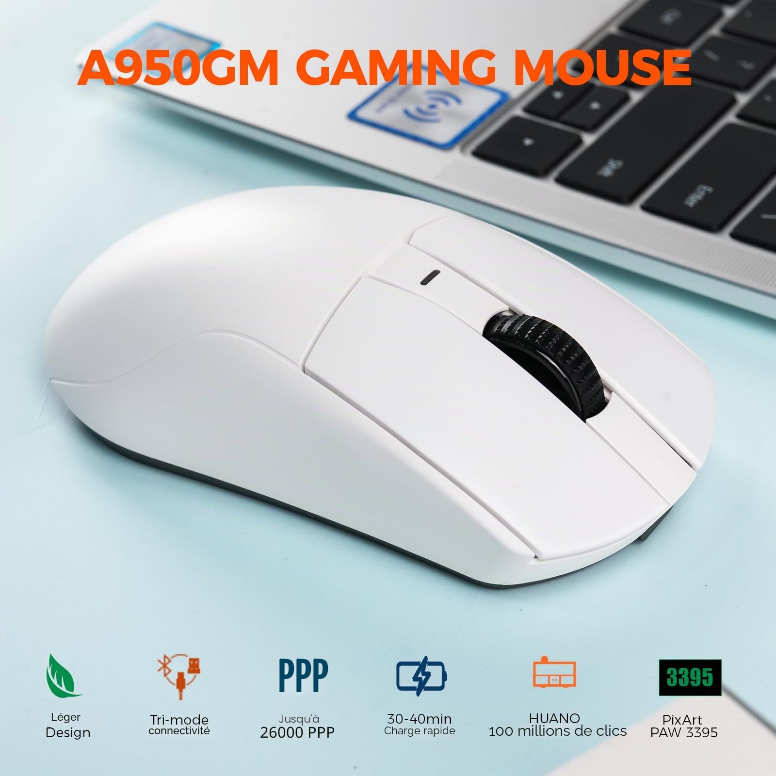 DAREU A950GM 60g Souris Gaming Ultralégère,Capteur Gaming PixArt PAW3395,100 Millions HUANO Gaming Micro Switches,26000 DPI,Recharge Rapide en 30 Minutes,Tri-Mode Souris Gaming pour PC/Mac,Blanche