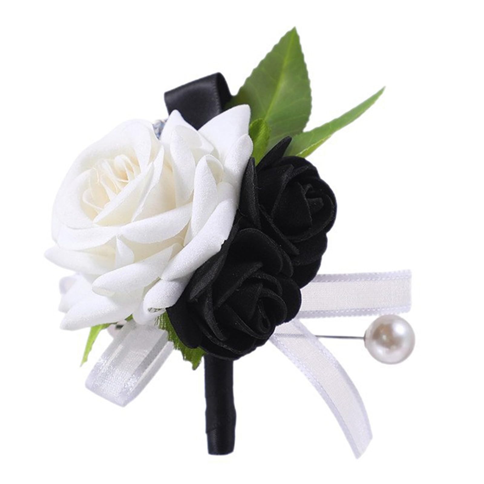 Buxuaaaa Black And White Wedding Corsage And Wrist Flower Set For Bride Bridesmaid Groomsmen Formal Event Silk Floral Boutonniere Accessories Wedding Corsage For Bride