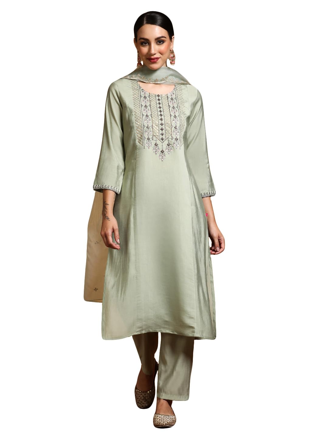 varanga Women-Thread & Sequin Embroidered Yoke Kurta With Trouser & Scallop Dupatta-picture-23