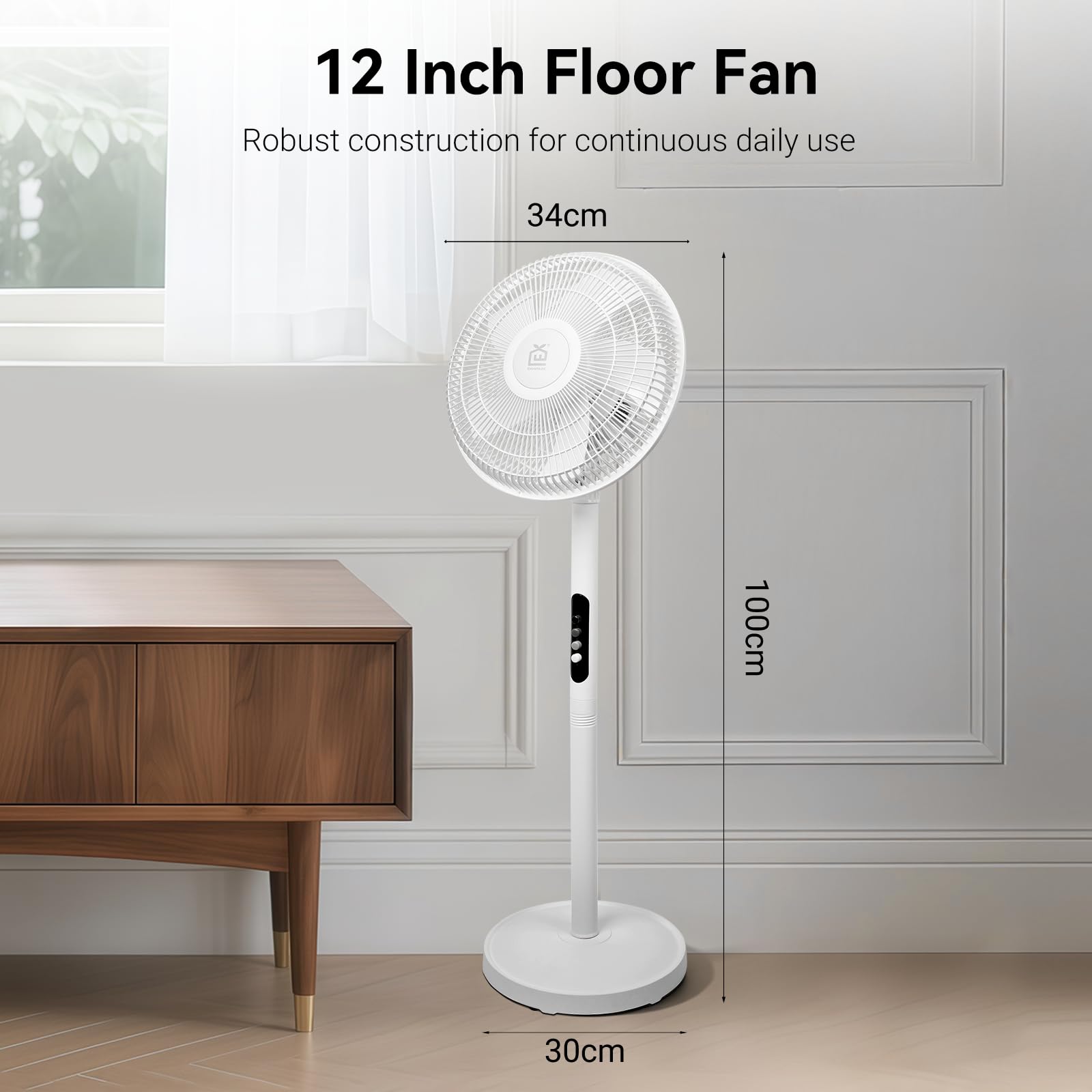 EXTRASTAR 12 Zoll Standventilator mit Fernbedienung – 6 Windstufen, 9h Timer, 70° automatische Schwenkung & 10° manuelle Neigung, 50W Bodenventilator für Wohnzimmer, Schlafzimmer & Homeoffice