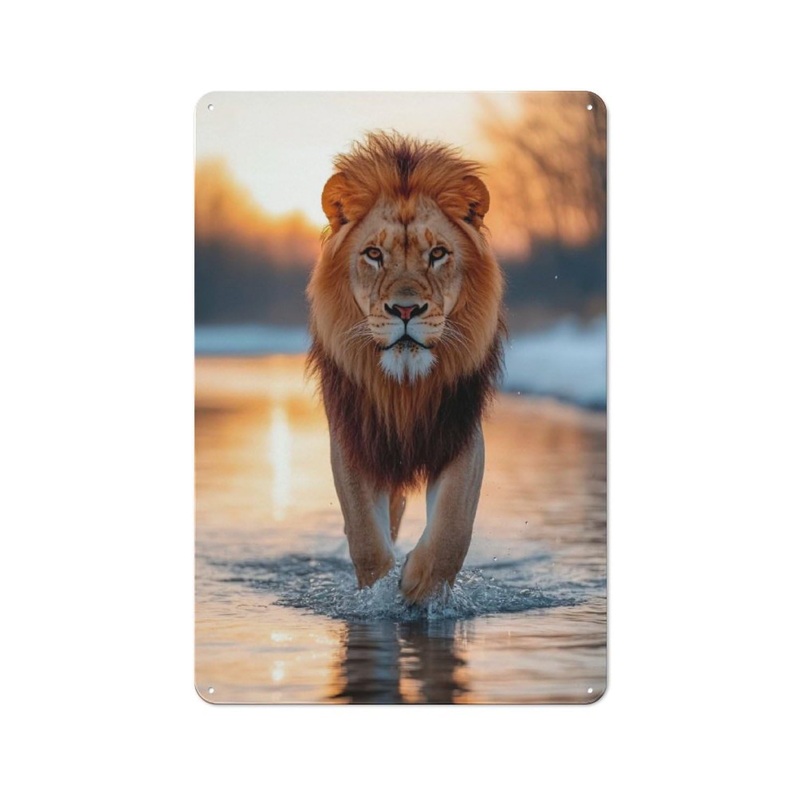 Junmoney Style-10 Majestic Lion Walking Through Water At Sunset Rustic Metal Sign 30X20cm For Garden Room Or Summerhouse, For Summerhouse Decorators