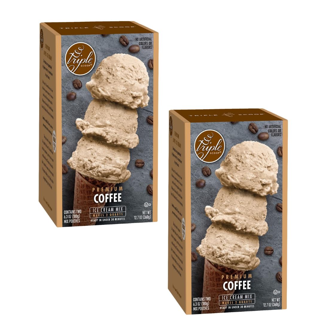 Triple Scoop - Premium Coffee (2) Ice Cream Mix For Ice Cream Maker. Simple, Easy, Delicious. From Gourmet Mix To Maker in 5 Minutes, Makes 2 Creamy Quarts, Made in USA. (2 Pack, Coffee)