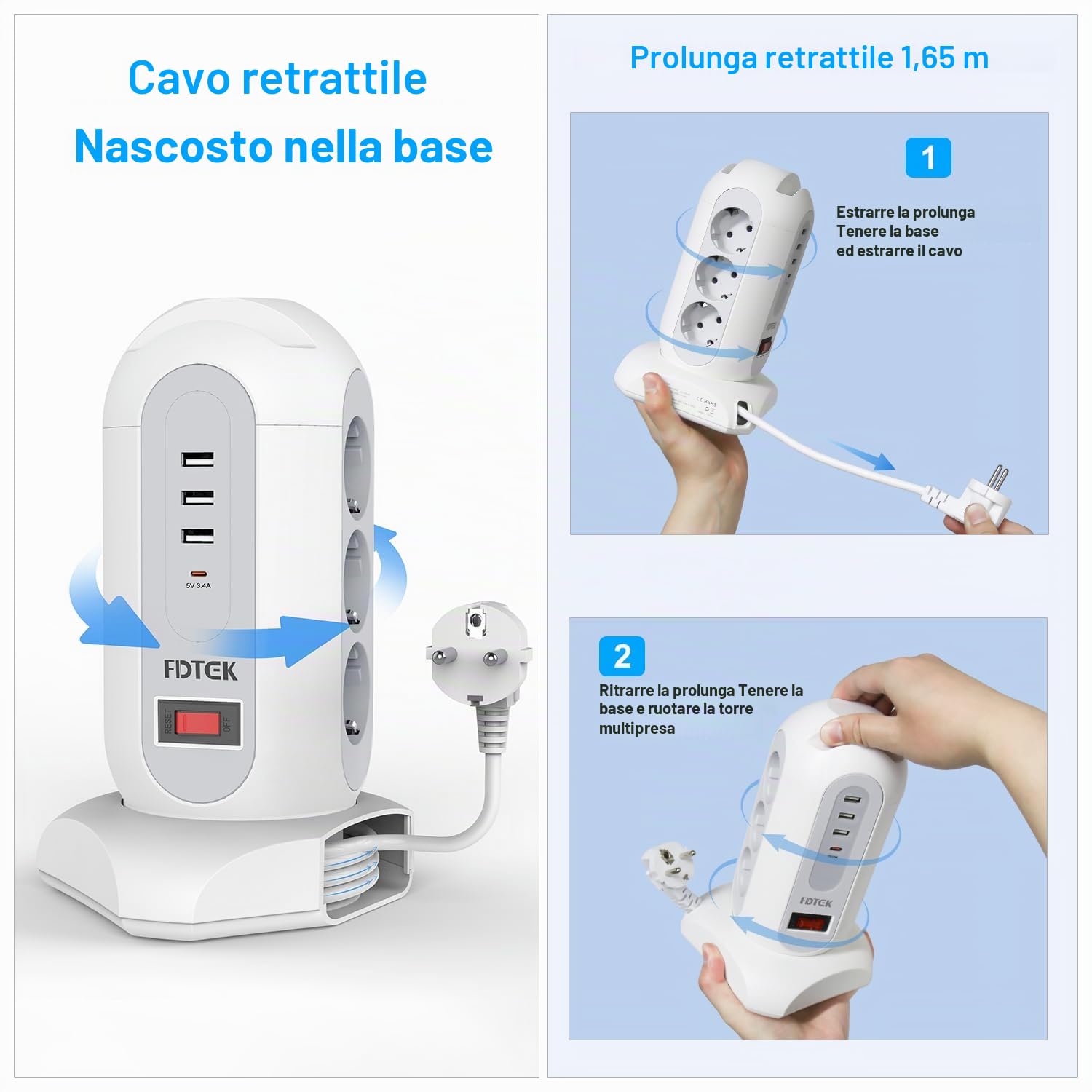 FDTEK Ciabatta Multipresa Verticale Torretta Multipresa da Scrivania con 3 USB-A & 1 Tipo-C e 9 Spina Tedesca, Prese Multiple Elettriche con Interruttore, Cavo Retrattile da 1,65 mt,Bianco 2500W/10A