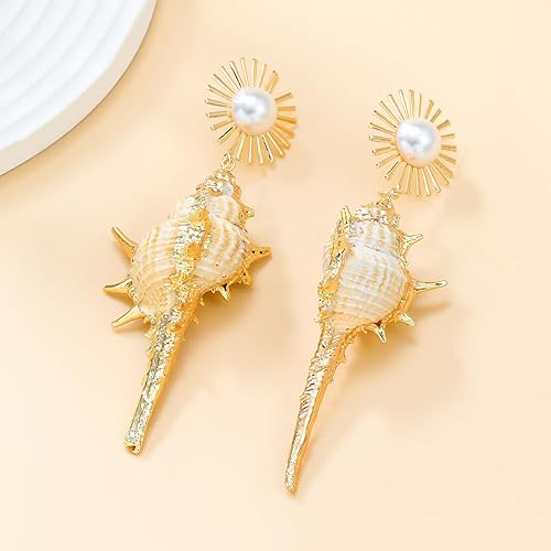 Miniatura 5 de Aretes de concha, aretes colgantes de concha de océano para mujer, aretes largos de concha de mar de perlas bohemias, aretes de caracol marino,