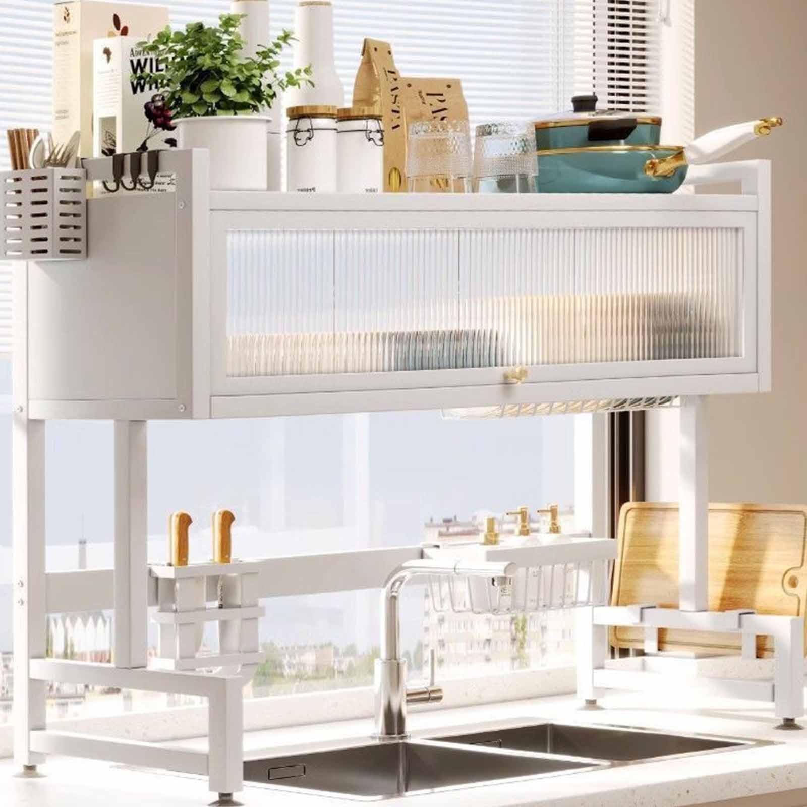 2-stöckiger Abtropfkorb Für Die Spüle, 65 cm Breiter Spülbecken-Organizer Mit Aufklappbarer Schranktür, Abtropfgestell Für Die Arbeitsplatte, Schwarz White 95cm/37.4in