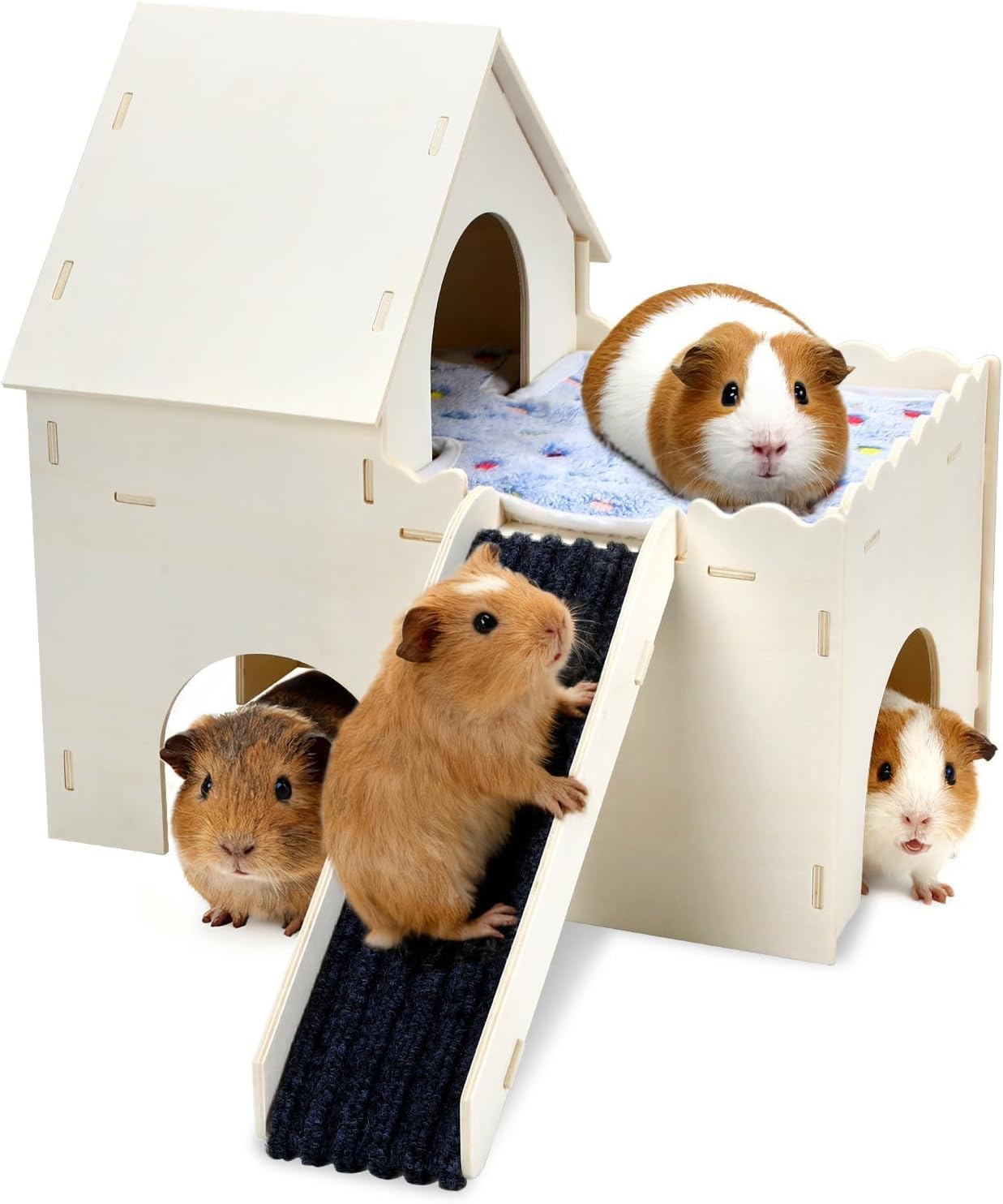 PETKNOWS Guinea Pig Hideout, Upgraded Guinea Pig Castle with Guinea Pig Ramp and Mats Large Guinea Pigs House for Playing Easy Assembly Wooden Guinea Pig Hideout for Small Animal Habitats