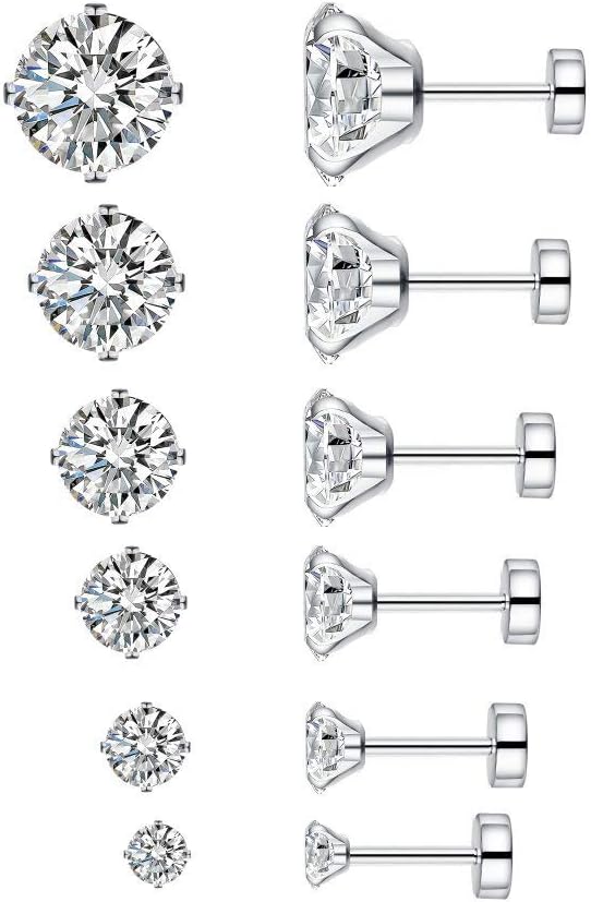 IMINI6 Pairs 18G Stainless Steel Cubic Zirconia Stud Earrings for Women Men Cartilage Ear Piercings Helix Tragus Flat Screw Backs 3mm 4mm 5mm 6mm 7mm 8mm Set